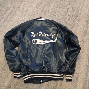 VTG 80s 90s Auburn Sportswear Satin Bomber Jacket Blue West University Softball